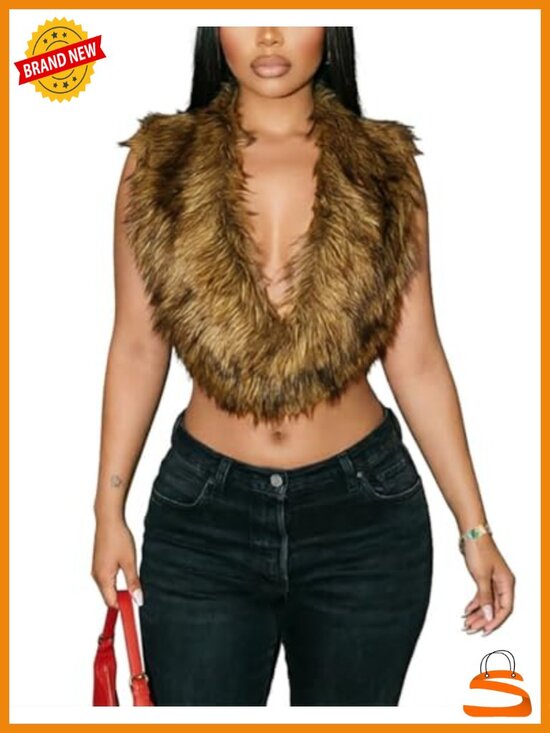 Tops - Faux Fur Halter Crop Top Sleeveless Open Back Tie Backless Vest Shaggy Waistcoat